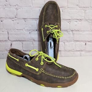 Twisted X WDM0010 Women’s Driving Moc Boat Shoes 8.5 M Bomber Brown Neon Leather